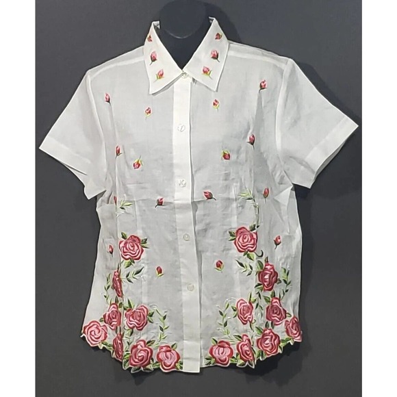 Yue Hwa Champsely Couture 38/8/Med Linen Red Roses Appliques Short Sleeve Blouse - Picture 1 of 12